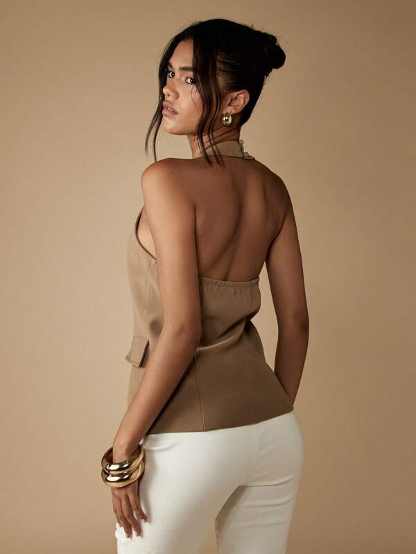 Missguided MISSGUIDED Gold Button Detail Halter Neck Waistcoat With Flap Pockets