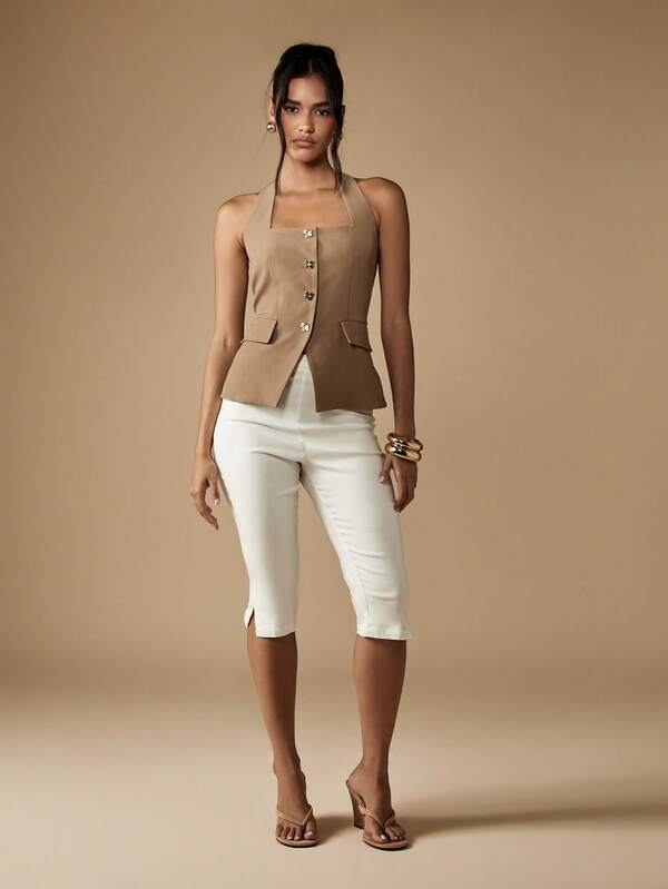 Missguided MISSGUIDED Gold Button Detail Halter Neck Waistcoat With Flap Pockets