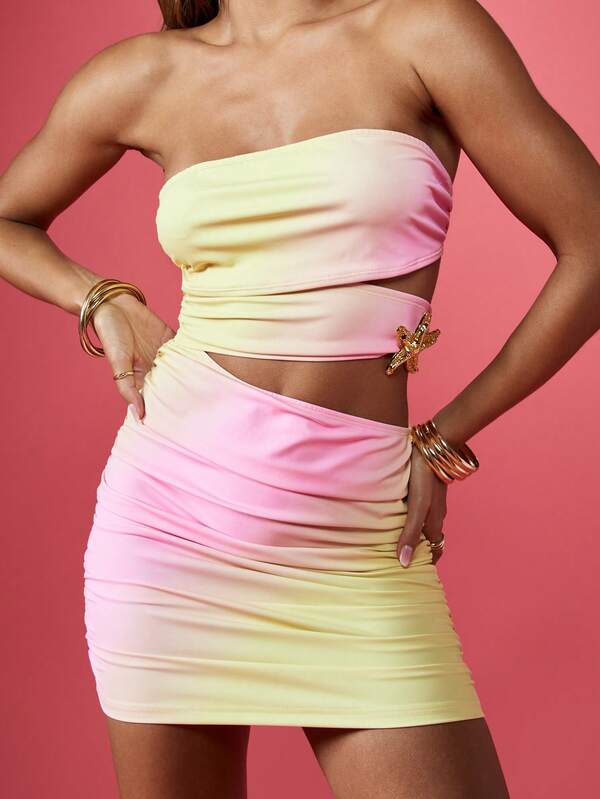 Missguided MISSGUIDED Gold Trim Cut Out Ombre Print Ruched Bodycon Mini Dress