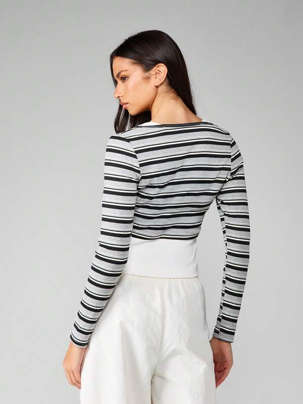 Missguided MISSGUIDED Grey Striped Crop Button Front Long Sleeve Collared Top