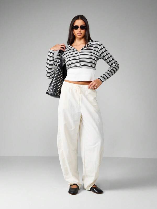 Missguided MISSGUIDED Grey Striped Crop Button Front Long Sleeve Collared Top