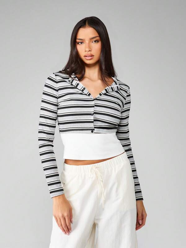 Missguided MISSGUIDED Grey Striped Crop Button Front Long Sleeve Collared Top