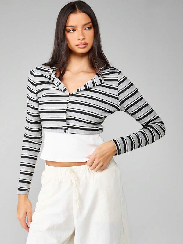missguided MISSGUIDED Grey Striped Crop Button Front Long Sleeve Collared Top