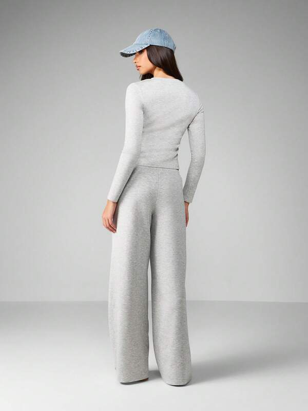 Missguided MISSGUIDED Half Button Crop Top With Wide Leg Pants Set