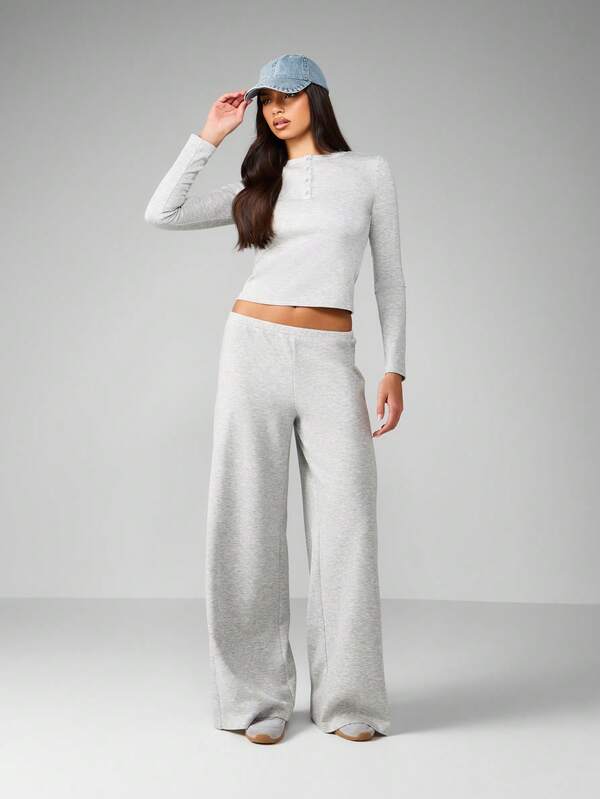 Missguided MISSGUIDED Half Button Crop Top With Wide Leg Pants Set