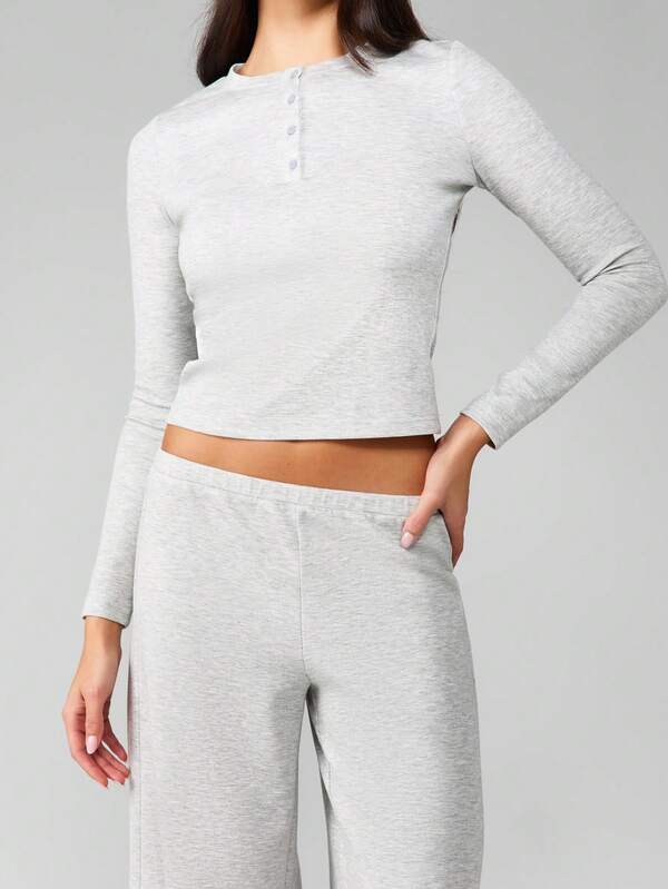 Missguided MISSGUIDED Half Button Crop Top With Wide Leg Pants Set