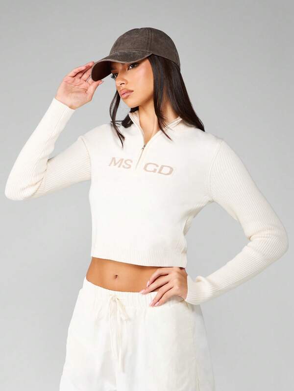 Missguided MISSGUIDED Half Zip Cropped Ribbed Knit Sweater With Mock Neck