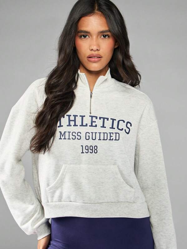 Missguided MISSGUIDED Half Zip Cropped Sweatshirt With Varsity Letter Print