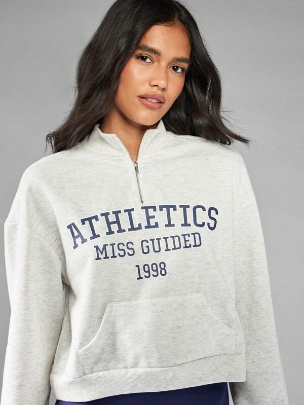 missguided MISSGUIDED Half Zip Cropped Sweatshirt With Varsity Letter Print