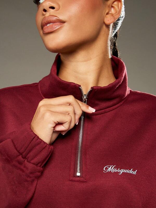 Missguided MISSGUIDED Half Zip Mock Neck Crop Sweatshirt With Elastic Hem