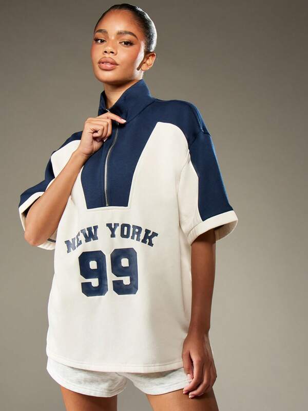 missguided MISSGUIDED Half Zip Sweatshirt With Varsity Print And Contrast Panels