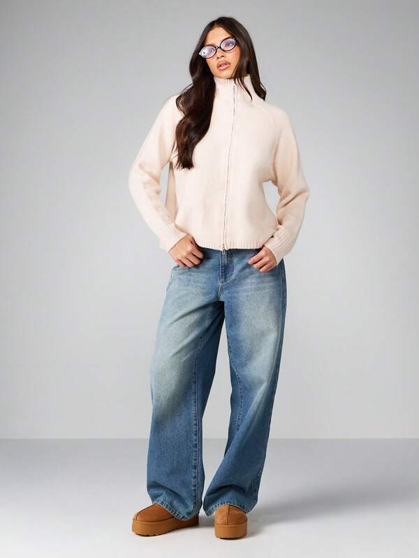 Missguided MISSGUIDED Half Zip Turtleneck Knit Cardigan With Ribbed Details