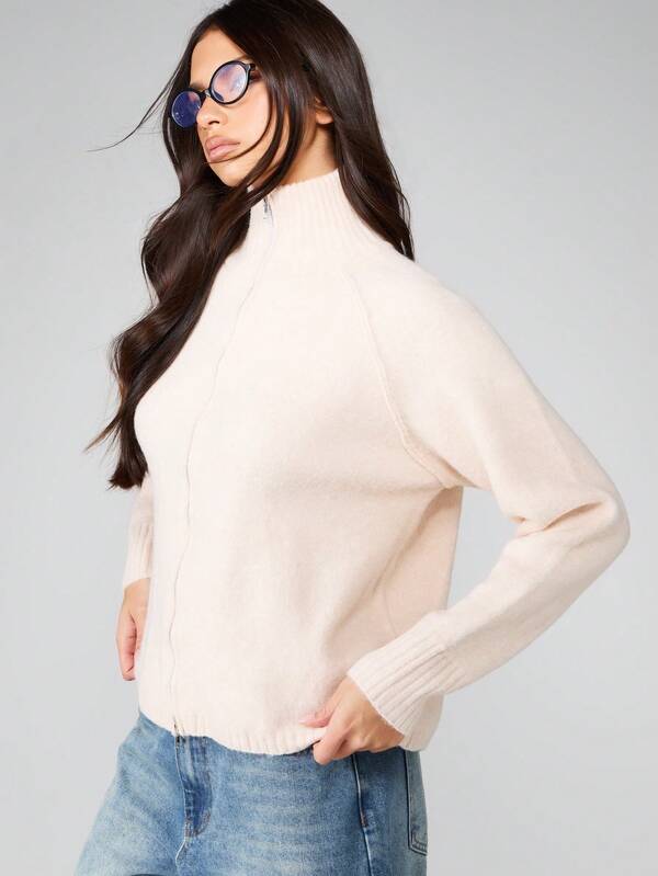 missguided MISSGUIDED Half Zip Turtleneck Knit Cardigan With Ribbed Details