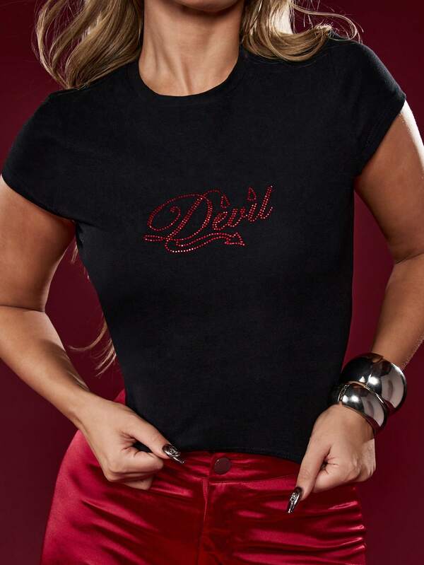 missguided MISSGUIDED Halloween Black Baby Tee With Red Devil Glitter Logo