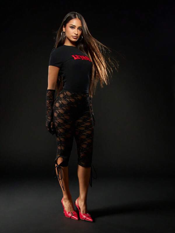 Missguided MISSGUIDED Halloween Black Lace Capri Pants With Tied Ankle Detail