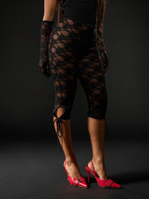missguided MISSGUIDED Halloween Black Lace Capri Pants With Tied Ankle Detail