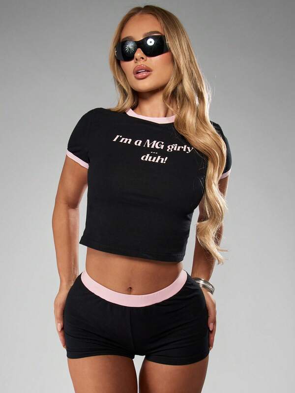 missguided MISSGUIDED Halloween Cropped Slogan Baby Tee With Matching Hot Pants