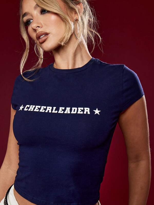 Missguided MISSGUIDED Halloween Fitted Navy Crop Tee With Star Cheerleader Text Print