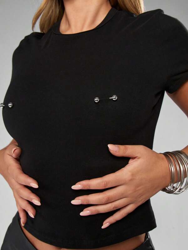 Missguided MISSGUIDED Halloween Piercing Embellished Black Baby Tee With Silver Studs