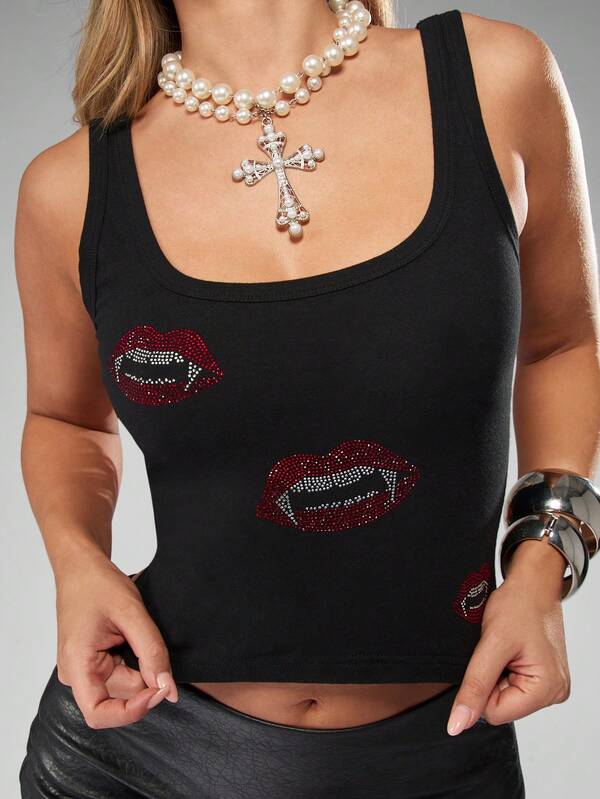 Missguided MISSGUIDED Halloween Tank Top With Rhinestone Lips Design