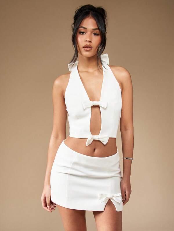 missguided MISSGUIDED Halter Bow Tie Waistcoat Crop Women's Top