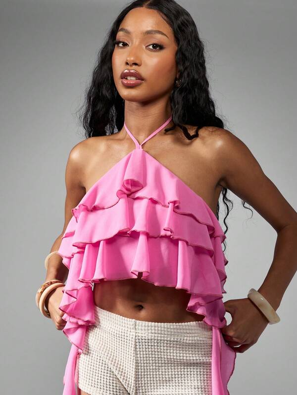 Missguided MISSGUIDED Halter Crop Top Chiffon Draped Ruffled Asymmetric Layered