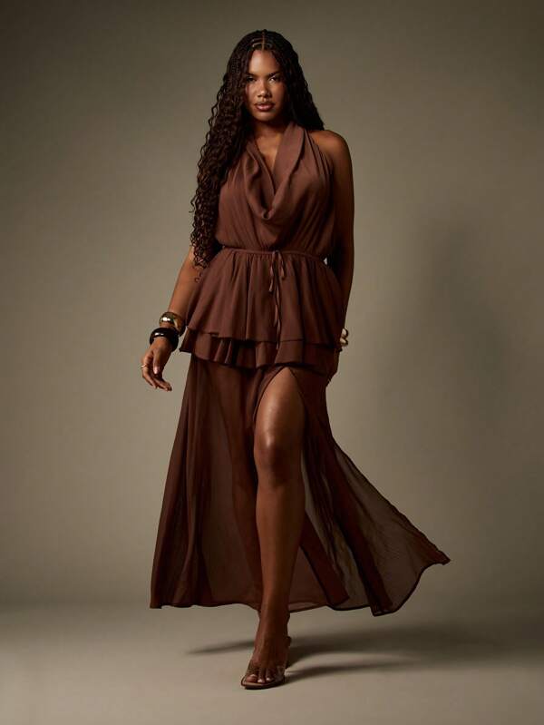 missguided MISSGUIDED Halter Maxi Dress With Plunge Neckline And Tiered Ruffles
