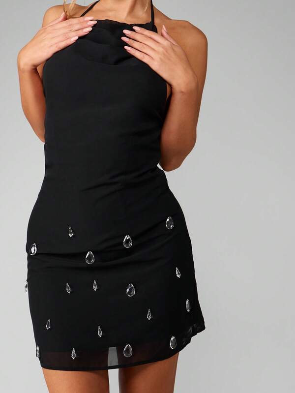 Missguided MISSGUIDED Halter Mini Dress With Crystal Embellishments And Draped Neck
