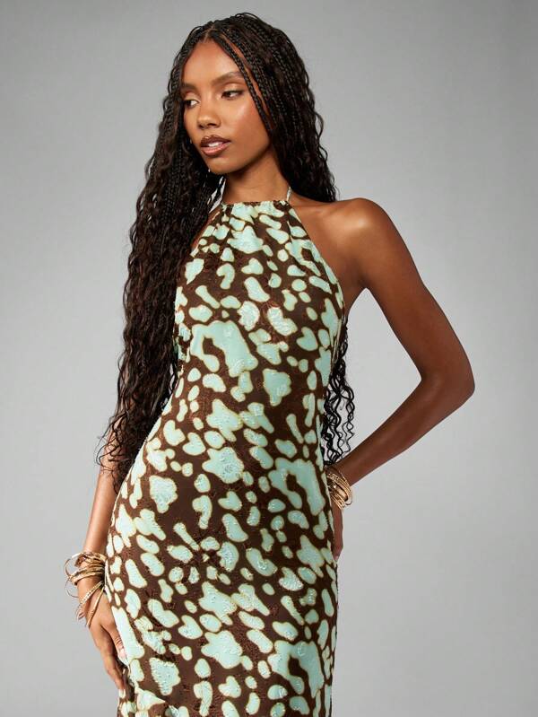 Missguided MISSGUIDED Halter Neck Abstract Print Asymmetrical Hem Maxi Dress