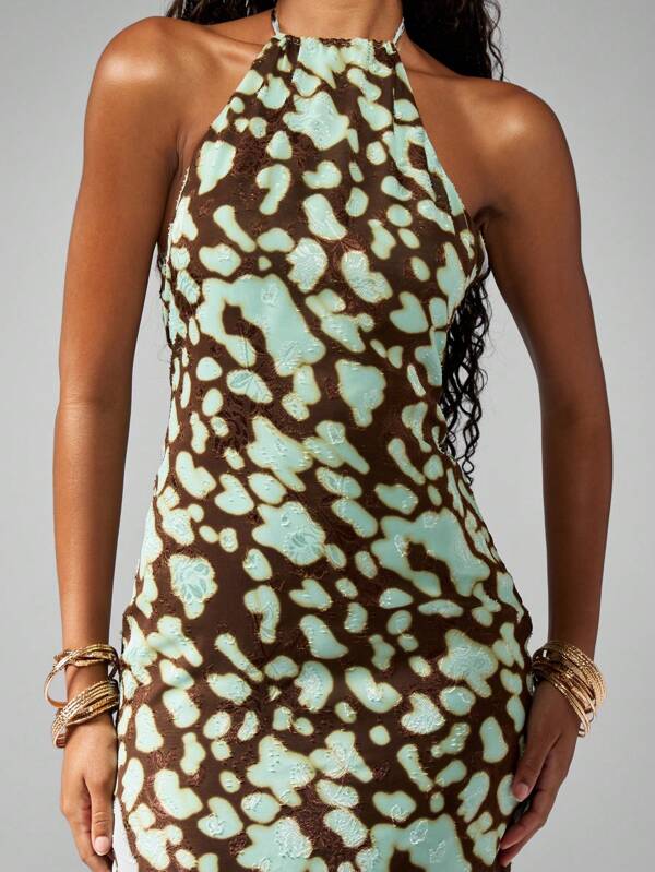 Missguided MISSGUIDED Halter Neck Abstract Print Asymmetrical Hem Maxi Dress