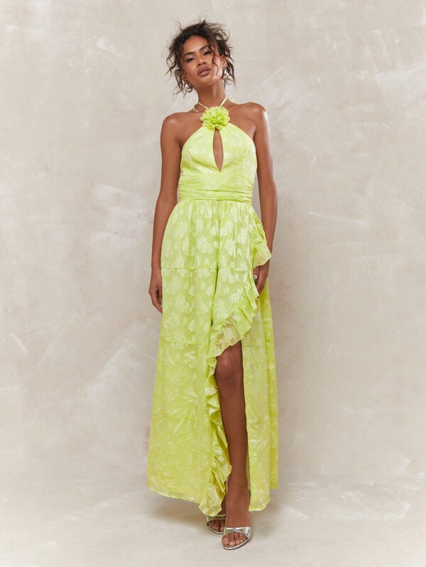 missguided MISSGUIDED Halter Neck Asymmetric Ruffle Hem Long Dress