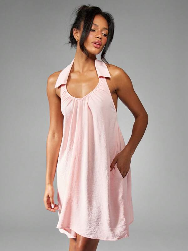 missguided MISSGUIDED Halter Neck Backless Gathered Neckline Mini Dress