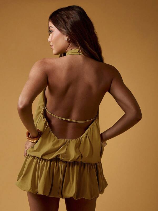 Missguided MISSGUIDED Halter Neck Backless Mini Dress With Puff Ball Hem