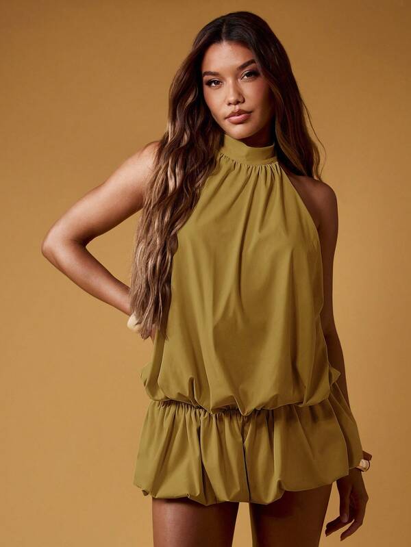 Missguided MISSGUIDED Halter Neck Backless Mini Dress With Puff Ball Hem