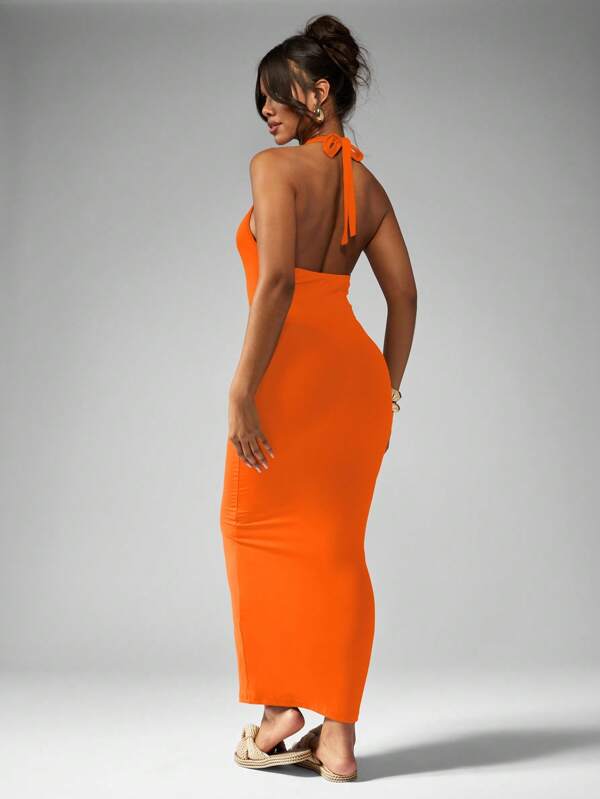 Missguided MISSGUIDED Halter Neck Bodycon Backless Long Midi Sundress