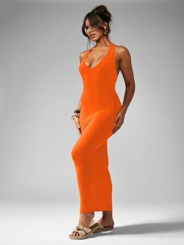 Missguided MISSGUIDED Halter Neck Bodycon Backless Long Midi Sundress