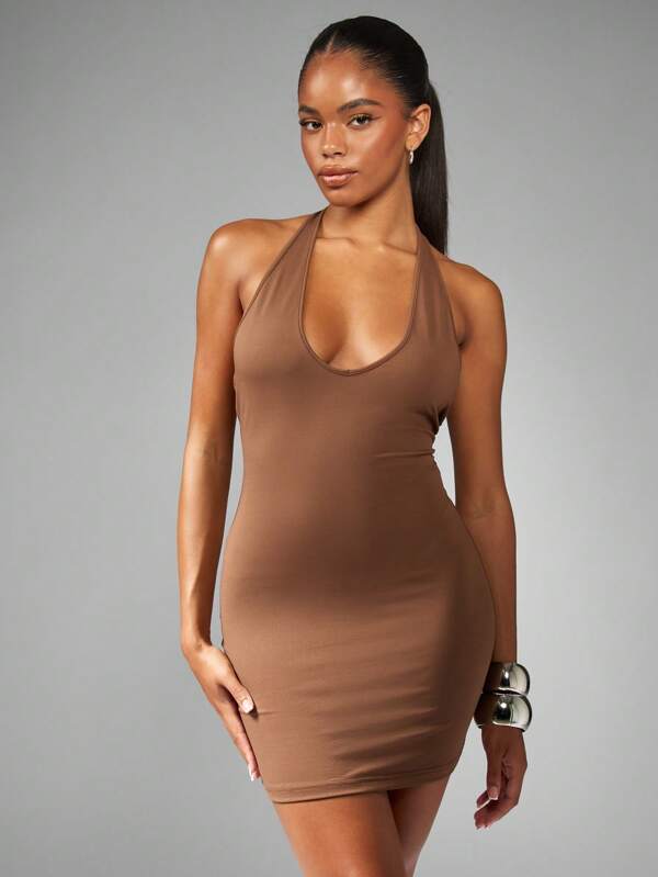 missguided MISSGUIDED Halter Neck Bodycon Mini Dress With Plunging Neckline