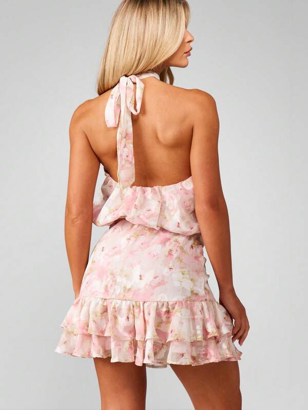 Missguided MISSGUIDED Halter Neck Chiffon Floral Mini Dress
