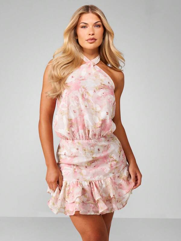 missguided MISSGUIDED Halter Neck Chiffon Floral Mini Dress