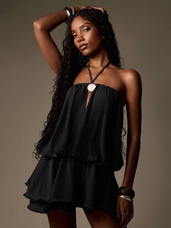 missguided MISSGUIDED Halter Neck Chiffon Mini Dress With Shell Detail