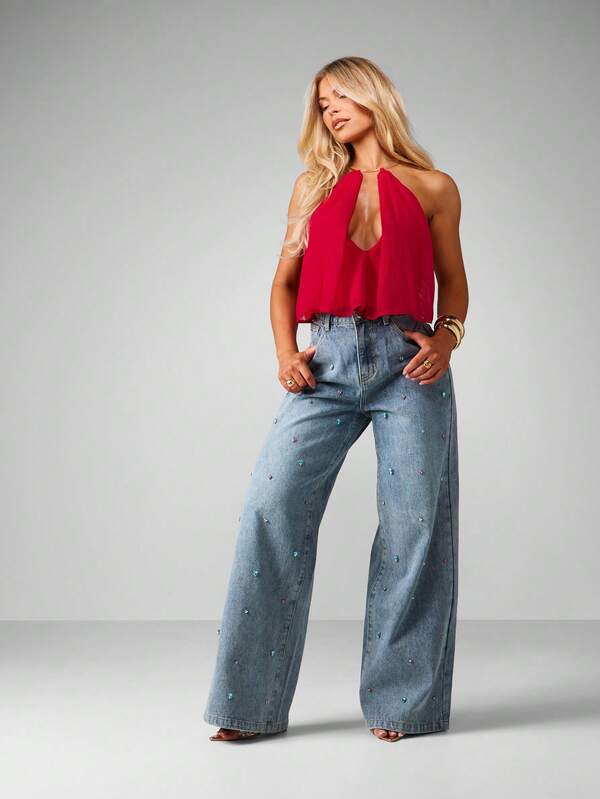 Missguided MISSGUIDED Halter Neck Chiffon Top With Plunging Neckline