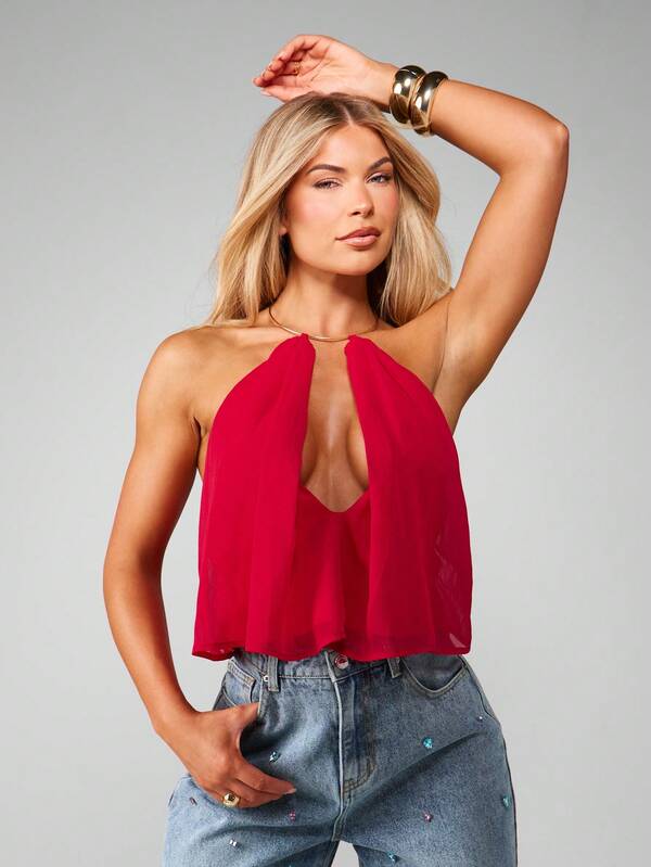 missguided MISSGUIDED Halter Neck Chiffon Top With Plunging Neckline
