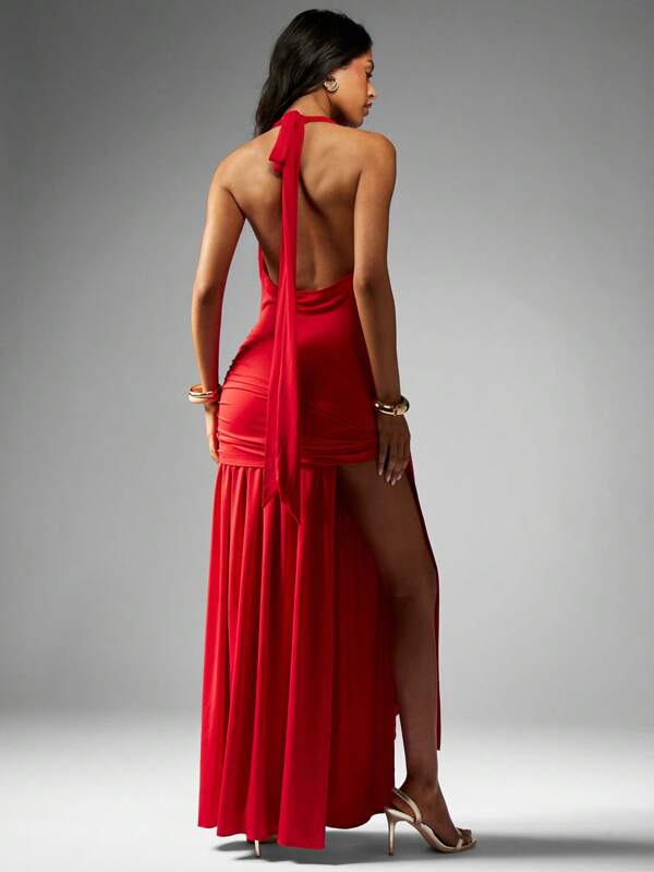 Missguided MISSGUIDED Halter Neck Cowl Front Ruched Side Split Maxi Dress