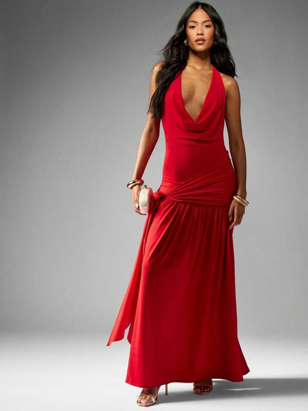 missguided MISSGUIDED Halter Neck Cowl Front Ruched Side Split Maxi Dress