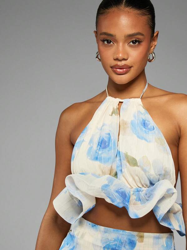Missguided MISSGUIDED Halter Neck Crop Top And Ruffle Mini Skirt Co-Ord