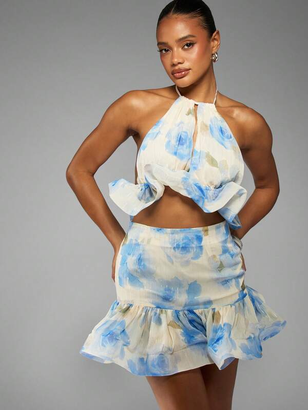 missguided MISSGUIDED Halter Neck Crop Top And Ruffle Mini Skirt Co-Ord