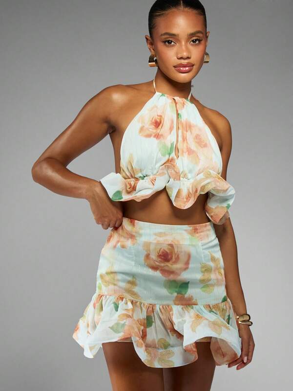 missguided MISSGUIDED Halter Neck Crop Top And Ruffled Mini Skirt Set