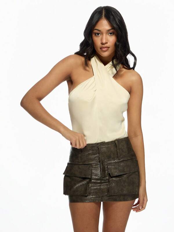 missguided MISSGUIDED Halter Neck Crop Top With Cross Front Design