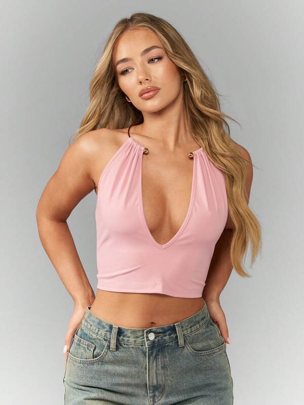 Missguided MISSGUIDED Halter Neck Crop Top With Gold Ring Detail
