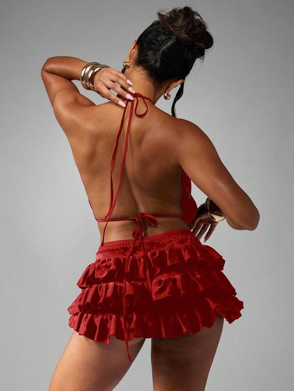 Missguided MISSGUIDED Halter Neck Crop Top With Ruffle Tiered Mini Skirt